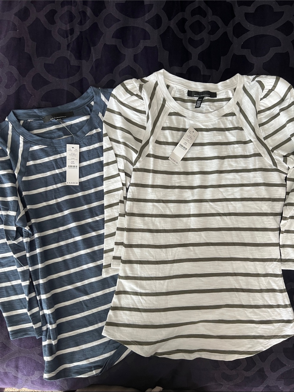 White House Black Market Striped 3/4 sleeve Raglan Tee Shirt Pair Sz XXS NWT 2